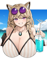 Rule 34 | 1girl, absurdres, animal ears, arknights, bikini, blonde hair, blue sky, braid, breasts, cleavage, cloud, commentary request, cup, day, drinking glass, drinking straw, highres, holding, holding cup, huge breasts, jewelry, long hair, ocean, pendant, purple eyes, rain (rain8649), single braid, sky, solo, striped bikini, striped clothes, swimsuit, utage (arknights), utage (summer flowers) (arknights), vertical-striped bikini, vertical-striped clothes, water