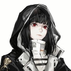 Rule 34 | 1girl, absurdres, bandaid, bandaid on face, bandaid on nose, black hair, black jacket, blunt bangs, chinese commentary, commentary, high collar, highres, hood, hood up, hooded jacket, jacket, k.k. (path to nowhere), path to nowhere, red eyes, shirt, simple background, solo, turtleneck, turtleneck shirt, upper body, white background, white shirt, zhao junjun