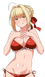 Rule 34 | 10s, 1girl, :p, ahoge, bikini, blonde hair, blush, breasts, cleavage, fate/extra, fate/grand order, fate (series), hair intakes, looking at viewer, navel, nero claudius (fate), nero claudius (fate) (all), nero claudius (fate/extra), red bikini, simple background, smile, solo, swimsuit, tongue, tongue out, tsukumo (soar99), white background