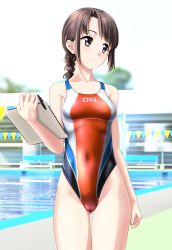 Rule 34 | 1girl, absurdres, braid, braided ponytail, breasts, brown eyes, brown hair, cameltoe, clipboard, clothes writing, collarbone, competition swimsuit, covered navel, cowboy shot, day, groin, highleg, highleg swimsuit, highres, long hair, looking to the side, multicolored clothes, multicolored swimsuit, one-piece swimsuit, orange one-piece swimsuit, original, outdoors, pen, pool, single braid, small breasts, solo, standing, string of flags, swimsuit, takafumi