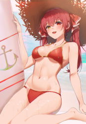 Rule 34 | 1girl, absurdres, bad id, bad pixiv id, bare arms, bare shoulders, barefoot, beach, bikini, blue sky, blush, breasts, brown hat, cleavage, cloud, day, fang, hair ribbon, hat, heterochromia, highres, hololive, houshou marine, houshou marine (summer), long hair, looking at viewer, medium breasts, navel, ocean, open mouth, outdoors, red bikini, red eyes, red hair, red ribbon, ribbon, sitting, skin fang, sky, solo, stomach, straw hat, string bikini, swimsuit, thighs, twintails, virtual youtuber, wariza, wet, yellow eyes, zain (jiha3905)