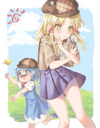 Rule 34 | 2girls, :d, :t, alternate headwear, blonde hair, blue dress, blue eyes, blue footwear, blue hair, blue sky, blush, border, bow, bowtie, brown capelet, brown headwear, bug, butterfly, cabbie hat, capelet, cha chya, cirno, cloud, commentary, day, dress, fake facial hair, fake mustache, feet out of frame, hair ribbon, hands up, hat, highres, holding, ice, ice wings, insect, long hair, magnifying glass, miniskirt, moriya suwako, multiple girls, open mouth, outdoors, outside border, pinafore dress, pleated skirt, puffy short sleeves, puffy sleeves, purple skirt, red bow, red neckwear, red ribbon, ribbon, running, shirt, shoes, short hair, short sleeves, sidelocks, skirt, sky, sleeveless dress, smile, standing, thighs, touhou, white border, white shirt, wings, yellow eyes