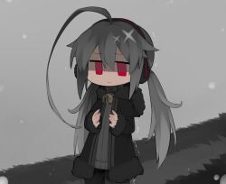 Rule 34 | 1girl, :i, ahoge, alternate hairstyle, bell, black jacket, closed mouth, cold, collar, commentary request, cowboy shot, dark-skinned female, dark skin, earmuffs, fur-trimmed hood, fur-trimmed jacket, fur-trimmed sleeves, fur trim, grey hair, grey sweater, hair between eyes, hands up, hood, hood down, hooded jacket, huge ahoge, jacket, jingle bell, jitome, kisaragi kaya, long hair, long sleeves, metal collar, neck bell, no sclera, original, red eyes, ribbed sweater, shaded face, solo, sweater, trembling, twintails, very long hair, yste