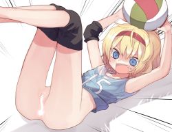 Rule 34 | 1girl, alice margatroid, arms up, ass, ball, black shorts, blonde hair, blue eyes, blue shirt, blush, censored, clothes pull, commentary request, compression sleeve, cookie (touhou), emphasis lines, fang, feet out of frame, fourth wall, hair between eyes, hairband, holding, holding ball, ichigo (cookie), jersey, looking down, lying, miyako (naotsugu), no panties, on back, open mouth, red hairband, shirt, short hair, shorts, shorts pull, solo, surprised, touhou, white background