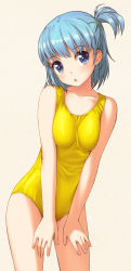 Rule 34 | 1girl, blue eyes, blue hair, breasts, child, commentary request, contrapposto, cowboy shot, head tilt, looking at viewer, medium breasts, one-piece swimsuit, one side up, original, poripori, short hair, simple background, solo, standing, swimsuit, yellow background, yellow one-piece swimsuit