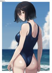 Rule 34 | 1girl, akitsu maru (kancolle), ass, back, beach, black eyes, black hair, blue overalls, blue sky, blush, breasts, cloud, cloudy sky, day, highres, kantai collection, large breasts, looking back, one-piece swimsuit, outdoors, overalls, shiromaru (maniado), short hair, sky, smile, solo, swimsuit, water, white background