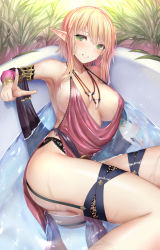 Rule 34 | 1girl, armpits, ass, bare shoulders, bathing, bathtub, black panties, breasts, breasts apart, covered erect nipples, dress, elf, garter straps, grin, halter dress, halterneck, highres, jewelry, large breasts, looking at viewer, mizuya nao, nature, necklace, no bra, original, panties, pelvic curtain, plant, pointy ears, revealing clothes, short hair, sidelocks, smile, solo, thigh strap, thighs, underwear, water, wet