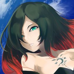 Rule 34 | 1girl, bare shoulders, black hair, blue eyes, breasts, crow (gravity daze), detached sleeves, gravity daze, gravity daze 2, hair over one eye, highres, lipstick, makeup, multicolored hair, red hair, solo, two-tone hair
