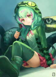 Rule 34 | 10s, 1girl, bad id, bad pixiv id, boomslang (kemono friends), boots, commentary request, green eyes, green hair, hood, hoodie, kemono friends, long hair, long sleeves, multicolored hair, neck ribbon, pleated skirt, red hair, ribbon, sitting, skirt, snake, snake tail, solo, tail, tamamushi, thighhighs, zettai ryouiki
