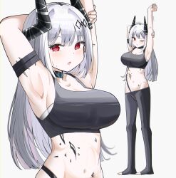 1girl absurdres arknights armband armpits arms_up black_pantyhose blush breasts crop_top grey_background groin highres horns large_breasts long_hair looking_at_viewer material_growth midriff mudrock_(arknights) multiple_views one_eye_closed open_mouth oripathy_lesion_(arknights) pantyhose red_eyes simple_background spam_(spamham4506) sports_bra standing stomach stretching very_long_hair white_hair