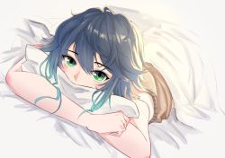 Rule 34 | 1boy, androgynous, bed sheet, black hair, blanket, blue hair, blush, brown shorts, chuchushotacon, clothes lift, covered mouth, genshin impact, gradient hair, green eyes, highres, looking at viewer, lying, male focus, multicolored hair, hugging object, on stomach, pillow, pillow hug, shirt lift, short hair with long locks, shorts, simple background, smile, solo, venti (genshin impact)