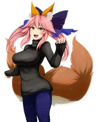 Rule 34 | 10s, 1girl, animal ears, blush, bow, breasts, choi kada, fang, fate/extra, fate (series), fox ears, fox tail, hair bow, large breasts, looking at viewer, multiple tails, open mouth, pink hair, simple background, solo, sweater, tail, tamamo (fate), tamamo no mae (fate/extra), white background, yellow eyes, yoroi kabuto