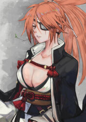 Rule 34 | 1girl, amputee, baiken, big hair, black jacket, black kimono, breasts, eyepatch, facial tattoo, guilty gear, guilty gear strive, highres, jacket, jacket on shoulders, japanese clothes, kimono, large breasts, levvellevvel, long sleeves, looking at viewer, mouth hold, multicolored clothes, multicolored kimono, one-eyed, pink hair, ponytail, red eyes, samurai, sash, scar, stalk in mouth, tattoo, white kimono