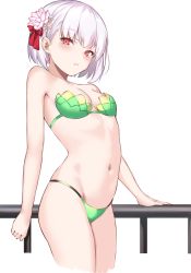 Rule 34 | 1girl, bad id, bad twitter id, bare shoulders, bikini, blush, breasts, collarbone, earrings, fate/grand order, fate (series), flower, green bikini, hair flower, hair ornament, highres, jewelry, kama (fate), kama (swimsuit avenger) (fate), kama (swimsuit avenger) (second ascension) (fate), looking at viewer, navel, red eyes, short hair, silver hair, small breasts, smile, solo, spider apple, swimsuit, thighs