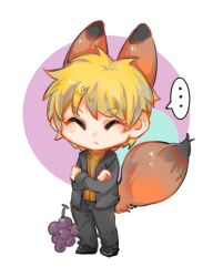 Rule 34 | ..., animal ears, atou haruki, black footwear, blonde hair, brown sweater, chibi, chinese commentary, closed eyes, closed mouth, commentary request, crossed arms, facing viewer, food, fox boy, fox ears, fox tail, fruit, grapes, grey jacket, grey pants, jacket, kemonomimi mode, long sleeves, male focus, open clothes, open jacket, pants, ribbed sweater, saibou shinkyoku, sanweizi, short hair, speech bubble, spoken ellipsis, sweater, tail, turtleneck, turtleneck sweater