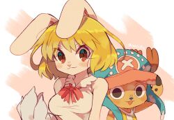 Rule 34 | 1boy, 1girl, animal ears, antlers, blonde hair, bow, bowtie, brown eyes, carrot (one piece), commentary request, cross, hat, highres, horns, looking at viewer, one piece, rabbit ears, rabbit girl, reindeer antlers, shirt, short hair, simple background, sleeveless, smile, tokuura, tony tony chopper, twitter username, upper body, white shirt