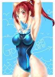 Rule 34 | 10s, 1girl, absurdres, aelvup, armpits, arms up, competition swimsuit, free!, goggles, goggles around neck, highres, long hair, matsuoka gou, mizuno (brand), one-piece swimsuit, ponytail, red eyes, red hair, swimsuit