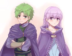 Rule 34 | 1boy, 1girl, blush, cape, closed mouth, collarbone, couple, crossed arms, fire emblem, fire emblem: the binding blade, green eyes, green hair, grey sleeves, hair intakes, long hair, long sleeves, nintendo, purple cape, purple eyes, purple hair, raigh (fire emblem), simple background, sophia (fire emblem), very long hair, white background, wspread