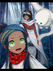 Rule 34 | 1boy, androgynous, bag, bandana, bird, black hair, child, cloak, dagger, dark-skinned male, dark skin, forest, green eyes, knife, letterboxed, male focus, md5 mismatch, nature, open mouth, outdoors, pixiv fantasia, pixiv fantasia 5, plant, sifuri, tail, tree, upper body, weapon