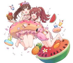 Rule 34 | 2girls, ahoge, bad id, bad pixiv id, blush, bracelet, brown eyes, brown hair, cherry, chiri (ch!), coconut, commentary, cup, disposable cup, drinking straw, earrings, english commentary, food, fruit, fruit cup, full body, hair between eyes, idolmaster, idolmaster shiny colors, innertube, jewelry, komiya kaho, long hair, looking at viewer, multiple girls, nail polish, open mouth, pink nails, ponytail, red eyes, red hair, shirt, simple background, smile, sonoda chiyoko, swim ring, swimsuit, swimsuit skirt, watermelon, white background, white shirt