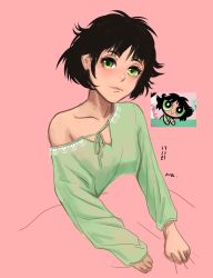 Rule 34 | 1girl, absurdres, arasfwitch, black hair, blush, buttercup (ppg), buttercup redraw challenge (meme), dated, derivative work, green pajamas, highres, long sleeves, meme, messy hair, off shoulder, pajamas, pink background, powerpuff girls, reference inset, screenshot inset, screenshot redraw, simple background, single bare shoulder, smile, solo, under covers