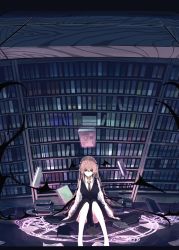 Rule 34 | 1girl, bare legs, black skirt, book, book stack, bookshelf, breasts, demon wings, expressionless, from above, futatsuki eru, head wings, koakuma, library, long hair, magic circle, necktie, red eyes, red hair, red necktie, sitting, skirt, skirt set, solo, touhou, vest, wings