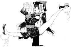 Rule 34 | 1girl, absurdres, black footwear, black hair, chinese clothes, gagaimo, greyscale, hands up, hat, high heels, highres, long hair, long sleeves, looking at viewer, monochrome, ofuda, original, qingdai guanmao, simple background, solo, split, traditional media, twintails, white background