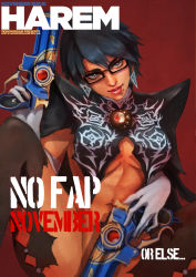 Rule 34 | 1girl, absurdres, alternate hair length, alternate hairstyle, amulet, bayonetta, bayonetta, bayonetta (series), bayonetta 2, black-framed eyewear, black bodysuit, black hair, bodysuit, breasts, capelet, commentary, covering privates, covering crotch, dual wielding, elbow gloves, english commentary, english text, glasses, gloves, grey eyes, gun, handgun, head tilt, highres, holding, large breasts, lips, lipstick, looking at viewer, makeup, meme, mole, mole under mouth, monori rogue, navel, no bra, no panties, nose, november, pistol, red background, short hair, solo, torn bodysuit, torn clothes, trigger discipline, underboob, weapon, white gloves