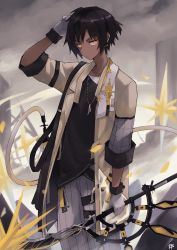 Rule 34 | 1boy, arknights, black hair, black shirt, closed mouth, commentary request, dark-skinned male, dark skin, earclip, geev, gloves, grey pants, highres, holding, holding weapon, jacket, jewelry, looking at viewer, male focus, necklace, orange eyes, pants, ponytail, shirt, short ponytail, signature, solo, thorns (arknights), weapon, white gloves