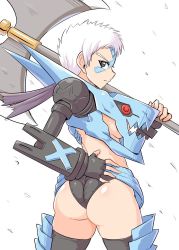 Rule 34 | 1girl, ass, axe, battle axe, black eyes, breasts, commentary request, cougar (cougar1404), cowboy shot, dragon: marked for death, facial mark, genderswap, genderswap (mtf), hand on own hip, holding, holding axe, holding weapon, huge ass, looking at viewer, over shoulder, short hair, sideboob, solo, thighhighs, very short hair, warrior (dmfd), weapon, weapon over shoulder, wedgie, white background, white hair