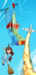 Rule 34 | 2girls, aerial battle, ahoge, aircraft, airplane, battle, bf 109, broom, broom riding, brown hair, cloud, commentary, contrail, day, dress, fire, flying, green eyes, inui (jt1116), long hair, military, multiple girls, open mouth, original, outdoors, polikarpov i-16, sidesaddle, sky, smoke, spain, spanish civil war, spanish republican flag, tears, tintin, translated, vehicle focus