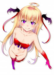 Rule 34 | 1girl, blonde hair, blush, breasts, demon girl, gloves, highres, kobayashi kobako, licking lips, long hair, looking at viewer, original, pointy ears, purple eyes, simple background, small breasts, smile, solo, thighhighs, tongue, tongue out, white background