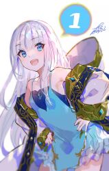 Rule 34 | 1girl, armpits, bare shoulders, blue eyes, breasts, cloak, fuzichoco, hand on own hip, highres, kenja no deshi wo nanoru kenja, long hair, looking at viewer, mira (kendeshi), open mouth, oversized clothes, signature, small breasts, solo, standing, white hair