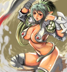 Rule 34 | 00s, 1girl, bad id, bad pixiv id, breasts, cleavage, echidna (queen&#039;s blade), echidna (queen's blade), green hair, large breasts, multicolored hair, pointy ears, ponytail, queen&#039;s blade, red eyes, revealing clothes, shinjuro yuri, snake, solo, two-tone hair, veteran mercenary echidna