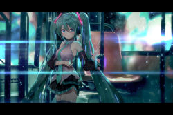 Rule 34 | 1girl, aqua necktie, bbbbit, blue eyes, blue hair, bus interior, detached sleeves, hair between eyes, hatsune miku, highres, letterboxed, long hair, looking to the side, necktie, solo, thighhighs, twintails, vehicle interior, vocaloid
