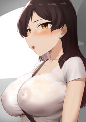 Rule 34 | 1girl, arm at side, between breasts, blush, breasts, brown hair, car interior, collarbone, commentary, covered erect nipples, from side, idolmaster, idolmaster million live!, kitazawa shiho, kurozako, large breasts, long hair, looking at viewer, looking to the side, nipples, no bra, parted bangs, parted lips, seatbelt, see-through, shirt, short sleeves, solo, strap between breasts, upper body, white background, white shirt, yellow eyes