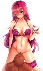 Rule 34 | 1boy, 1girl, alternate costume, bad id, bad pixiv id, bald, bikini, blush, bottomless, bracelet, breasts, cleavage, clyde s, cunnilingus, fate/grand order, fate (series), femdom, flower, hair flower, hair intakes, hair ornament, hibiscus, highres, jewelry, bridal garter, looking down, navel, nib pen (object), open mouth, oral, pen, pink bikini, purple bikini, purple hair, red eyes, scathach (fate), scathach (fate/grand order), scathach (swimsuit assassin) (fate), solo focus, standing, standing cunnilingus, swimsuit, tally