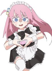 Rule 34 | 1girl, @ @, absurdres, alternate costume, apron, black bow, black bowtie, black dress, blue eyes, bocchi the rock!, bow, bowtie, breasts, cleavage, cube hair ornament, detached collar, dress, enmaided, enorari, expressive clothes, floating hair, frilled apron, frilled dress, frills, furrowed brow, gotoh hitori, hair between eyes, hair ornament, highres, leg up, long hair, maid, maid headdress, medium breasts, nervous, nervous sweating, one side up, open mouth, pink hair, puffy short sleeves, puffy sleeves, ringed eyes, short sleeves, simple background, single thighhigh, smile, solo, sweat, tears, thighhighs, waist apron, white apron, white background, white thighhighs, wrist cuffs, zettai ryouiki