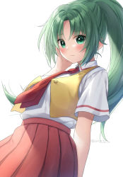 Rule 34 | 1girl, bad id, bad pixiv id, blush, closed mouth, collared shirt, commentary request, from below, green eyes, green hair, hand up, higurashi no naku koro ni, long hair, looking at viewer, looking down, necktie, open clothes, open vest, parted bangs, pleated skirt, ponytail, red necktie, red shirt, shirt, short sleeves, simple background, skirt, solo, sonozaki mion, twitter username, very long hair, vest, white background, white shirt, yellow vest, yumoran