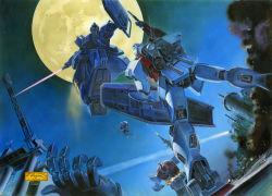 Rule 34 | armor, beam rifle, building, city, commentary request, earth federation, energy gun, firing, from behind, full moon, game console, glowing, gun, gundam, gundam side story: the blue destiny, holding, holding gun, holding weapon, incoming attack, jumping, koizumi kazuaki production, mecha, mobile suit, mobile suit gundam, moon, moonlight, night, night sky, no humans, official art, outdoors, power armor, robot, rx-78-2, scenery, science fiction, sega saturn, shield, sky, smoke, star (sky), starry sky, sword, weapon, yellow eyes