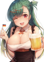 Rule 34 | 1girl, ;d, asymmetrical hair, beer mug, breasts, cleavage, commentary, cup, detached collar, g28 (beer ranch) (girls&#039; frontline), g28 (girls&#039; frontline), german clothes, german flag, girls&#039; frontline, green hair, hair ornament, hairclip, highres, large breasts, looking at viewer, mini flag, mole, mole on breast, motokonut, mug, official alternate costume, one eye closed, one side up, open mouth, red eyes, simple background, smile, solo, upper body, white background