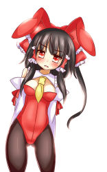Rule 34 | 1girl, aisa (micuma), alternate costume, animal ears, ascot, black hair, bow, breasts, rabbit ears, detached collar, detached sleeves, hair bow, hair tubes, hakurei reimu, highres, medium breasts, open mouth, pantyhose, playboy bunny, red eyes, ribbon-trimmed sleeves, ribbon trim, solo, touhou