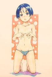Rule 34 | 1girl, barefoot, blue hair, blush, brown eyes, commentary, covering breasts, covering privates, fingers together, flat chest, full body, groin, highres, index fingers together, kneeling, light blush, looking ahead, nanase774938, navel, no bra, open mouth, original, outside border, panties, pink background, polka dot, polka dot background, shadow, short hair, solo, striped clothes, striped panties, topless, traditional media, underwear, underwear only