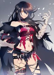 Rule 34 | 1girl, bandaged arm, bandages, belt, black hair, black neckwear, breasts, choker, claws, cleavage, collarbone, eyelashes, gradient background, hatozake, lace, large breasts, lips, long hair, looking at viewer, navel, solo, tales of (series), tales of berseria, torn clothes, underboob, velvet crowe, yellow eyes