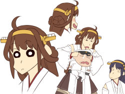 Rule 34 | 1boy, 2girls, ahoge, bare shoulders, brown hair, brown skirt, character sheet, commentary request, crayon shin-chan, detached sleeves, hairband, hands on another&#039;s head, haruna (kancolle), hat, headgear, ishii hisao, japanese clothes, kantai collection, kongou (kancolle), little boy admiral (kancolle), long hair, military, military hat, military uniform, multiple girls, nohara shinnosuke, nontraditional miko, parody, skirt, style parody, uniform, upper body, white background, wide sleeves