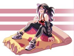 Rule 34 | 1girl, :p, absurdres, adidas, baseball cap, daikou-chan, food, glasses, hat, highres, indie virtual youtuber, jacket, kson, middle finger, nisego, on food, pants, pizza, pizza slice, ponytail, semi-rimless eyewear, solo, tank top, tongue, tongue out, track jacket, track pants, under-rim eyewear, virtual youtuber