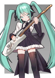 Rule 34 | 1girl, black ribbon, cowboy shot, electric guitar, frills, green eyes, green hair, guitar, hatsune miku, highres, instrument, long hair, looking at viewer, ribbon, saaal653, simple background, solo, thighhighs, twintails, vocaloid, white background, zettai ryouiki