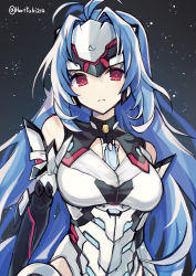 Rule 34 | 1girl, absurdres, android, blue hair, breasts, chest jewel, forehead protector, glowing crystal, haruto yuki, highres, kos-mos, kos-mos re:, large breasts, leotard, long hair, red eyes, solo, very long hair, white leotard, xenoblade chronicles (series), xenoblade chronicles 2, xenosaga