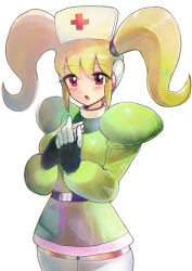 Rule 34 | 1girl, anna (mega man zx advent), belt, blonde hair, blush, breasts, byte (grunty-hag1), commentary request, cowboy shot, gloves, hand on own chest, hat, large breasts, long eyelashes, long hair, mega man (series), mega man zx, mega man zx advent, nurse, nurse cap, open mouth, own hands together, puffy sleeves, robot ears, sidelocks, skirt, solo, thighhighs, twintails, white background, zettai ryouiki