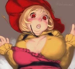 Rule 34 | 1girl, aki minoriko, apron, apron pull, blonde hair, blush, breasts, brown background, bursting breasts, buttons, clothes pull, commentary request, covered erect nipples, double chin, envenomist (gengoroumaru), fat, frilled apron, frilled sleeves, frills, from below, hands up, hat, large breasts, motion blur, nose blush, open clothes, open mouth, open shirt, plump, popped button, puffy cheeks, red eyes, red hat, ribbon, shirt, simple background, solo, surprised, teeth, touhou, twitter username, upper body, wardrobe malfunction, yellow shirt